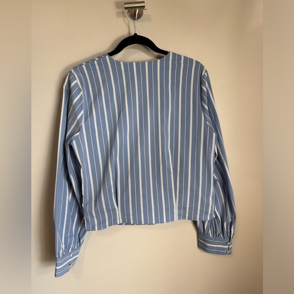 Theory Quincy Striped Faux Wrap Long-Sleeve Top - Blue & White Striped - Large - Picture 4 of 17